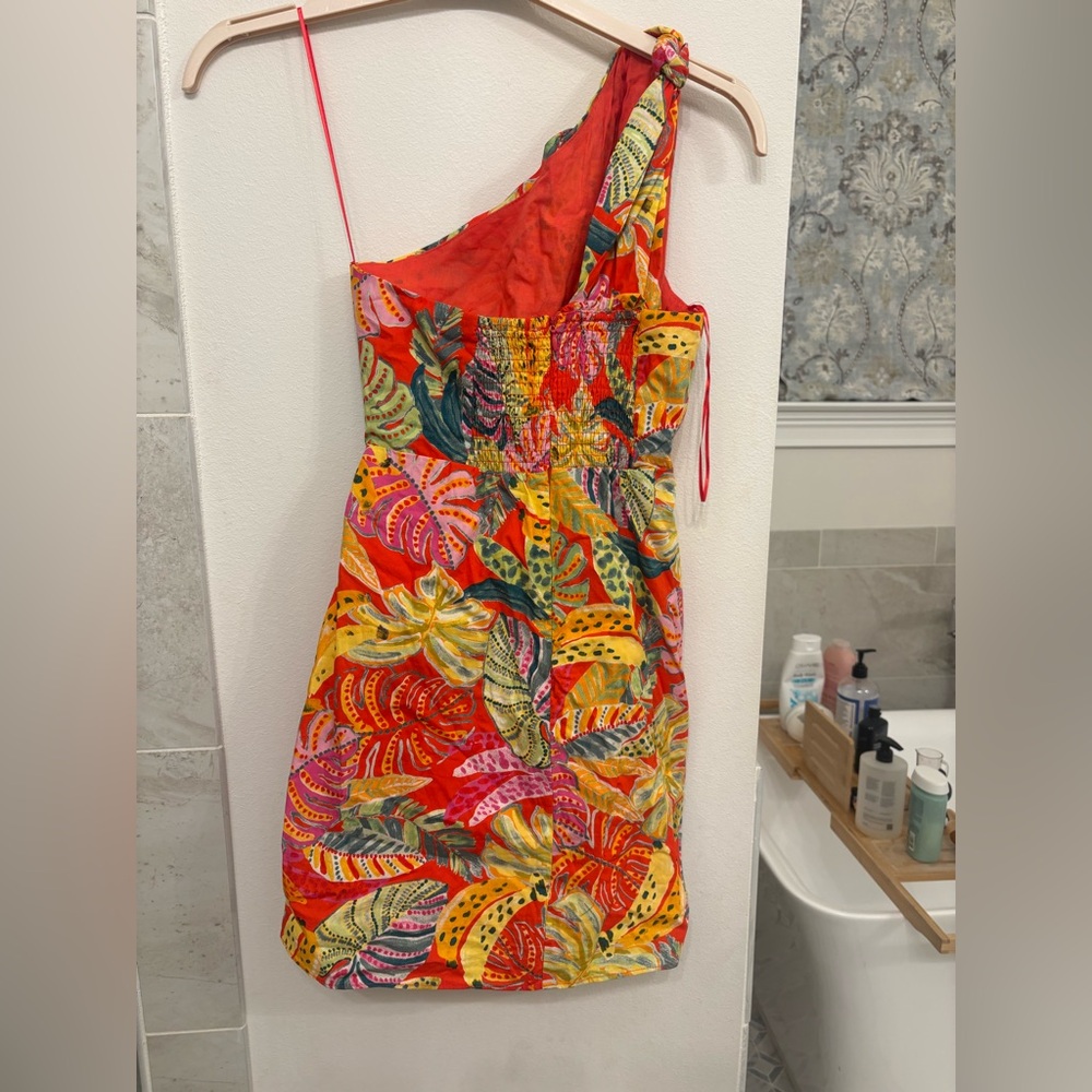 Karlie One-Shoulder Tropical Print Dress in Yellow, Pink, Green, Orange - Picture 5 of 9